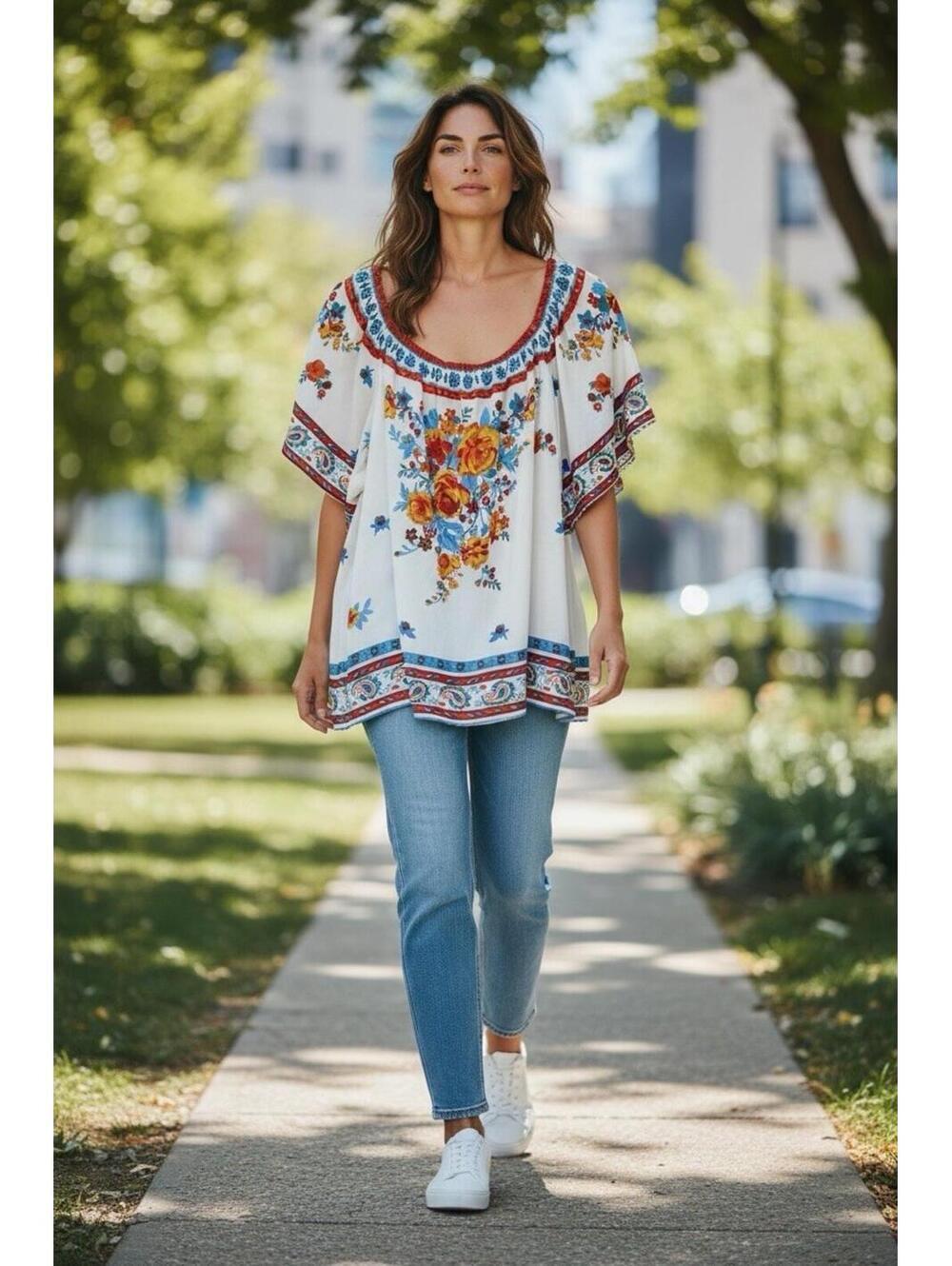 flying tomato floral top Red White blue Boho Sz.L